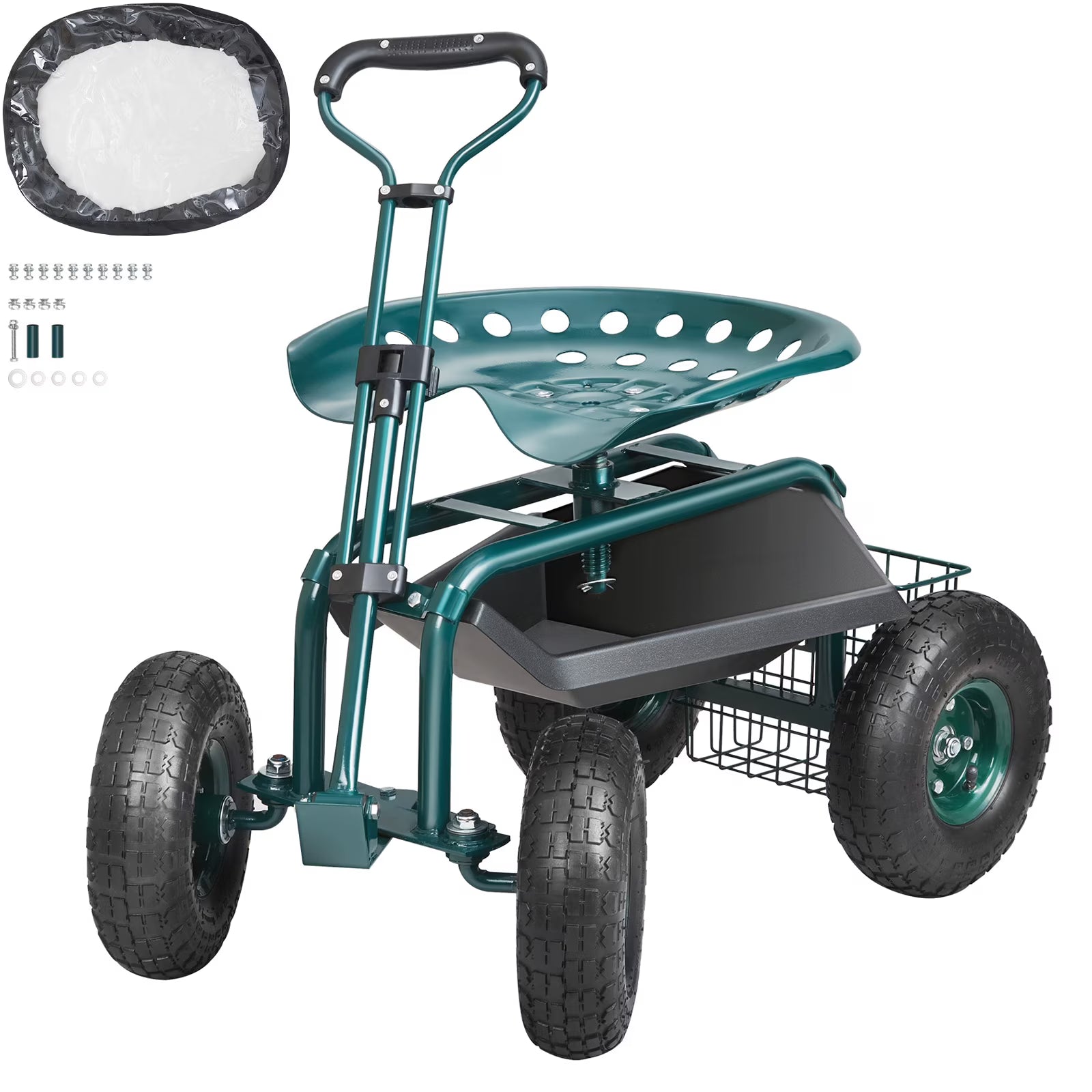KFFKFF Garden Cart Rolling Workseat with Wheels, Gardening Stool for Planting, 360 Degree Swivel Seat, Wagon Scooter with Steering Handle & Utility Tool Tray, Use for Patio, Yard, and Outdoors