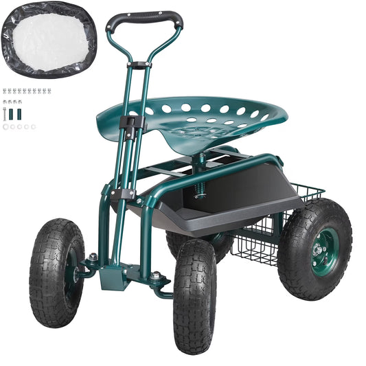 KFFKFF Garden Cart Rolling Workseat with Wheels, Gardening Stool for Planting, 360 Degree Swivel Seat, Wagon Scooter with Steering Handle & Utility Tool Tray, Use for Patio, Yard, and Outdoors