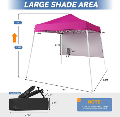 YUONAO 6x6 ft Pop Up Canopy Tent with Sidewall and Backpack, Slant Leg Portable Gazebo for Patio, Backyard, Camping & Outdoor Events, Easy Setup Shelter (Pink)