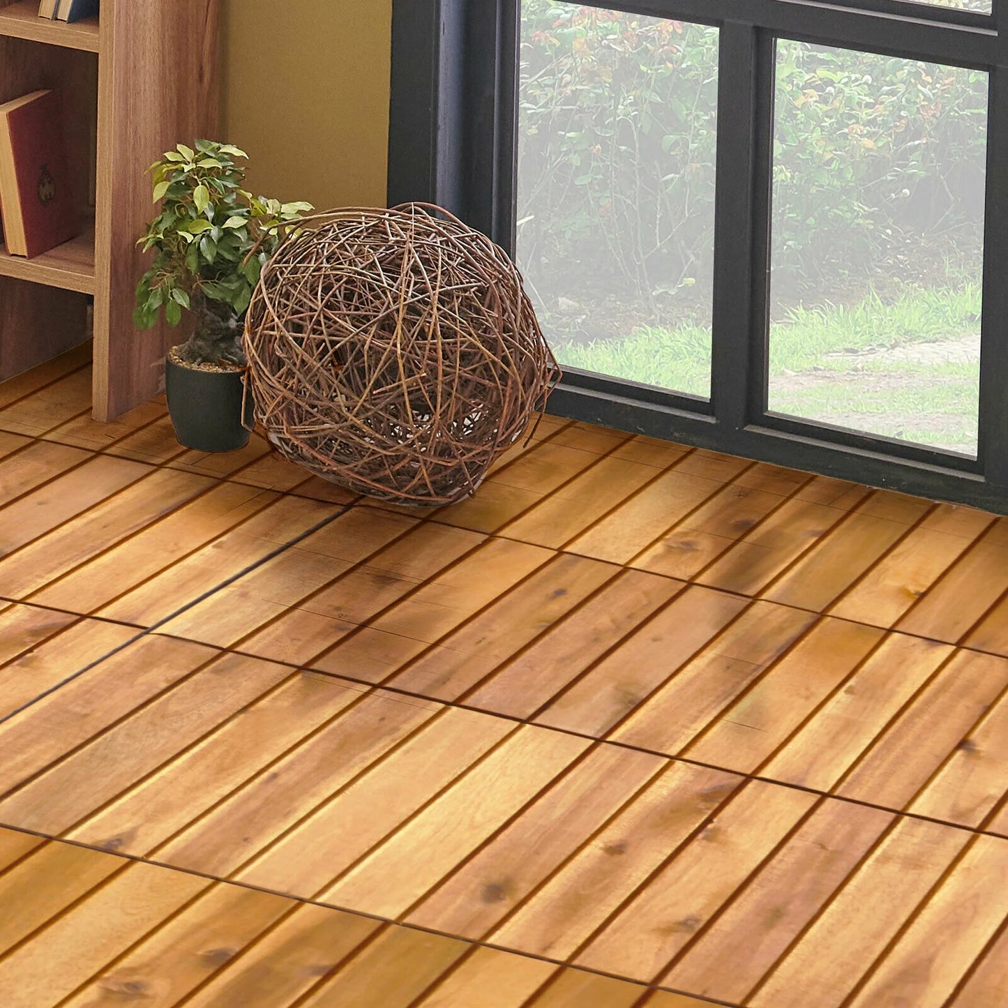 Patiojoy 27PCS 12"x12" Patio Interlocking Tiles Acacia Slat Wood Garden Outdoor &Indoor
