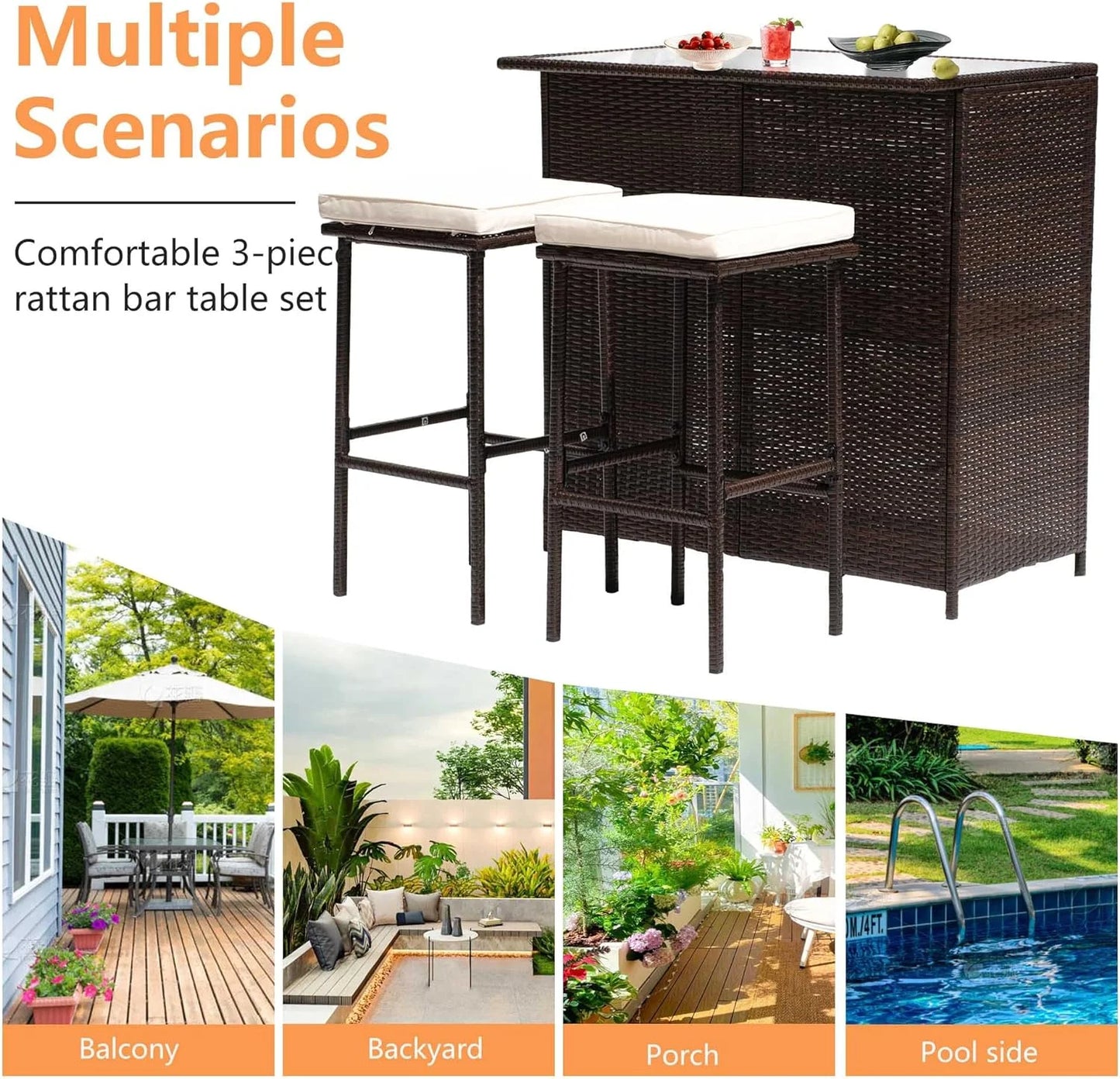 CL.HPAHKL Patio Bar Set, 3 Piece Outdoor Rattan Wicker Furniture Set with Glass Top Table & 2 Cushions Stools for Patios Backyards Porches Gardens Poolside, Khaki