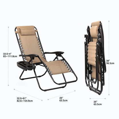 Nazhura Set of 2 Relaxing Recliners Patio Chairs Adjustable Steel Mesh Zero Gravity Lounge Chair Recliners with Pillow and Cup Holder (Khaki)