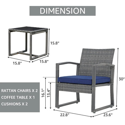 Patiorama 3 Piece Outdoor Modern Bistro Set, Wicker Conversation Set, Patio Rattan Chair Set, Patio Furniture Set with Coffee Table, Garden (Blue)