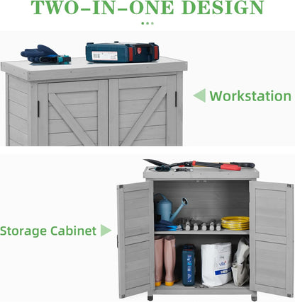 DEXS Potting Bench with Storage Cabinet and Metal Top, Wood Workstation for Outdoor Patio, Garden (31x17x36?)Coffee Brown