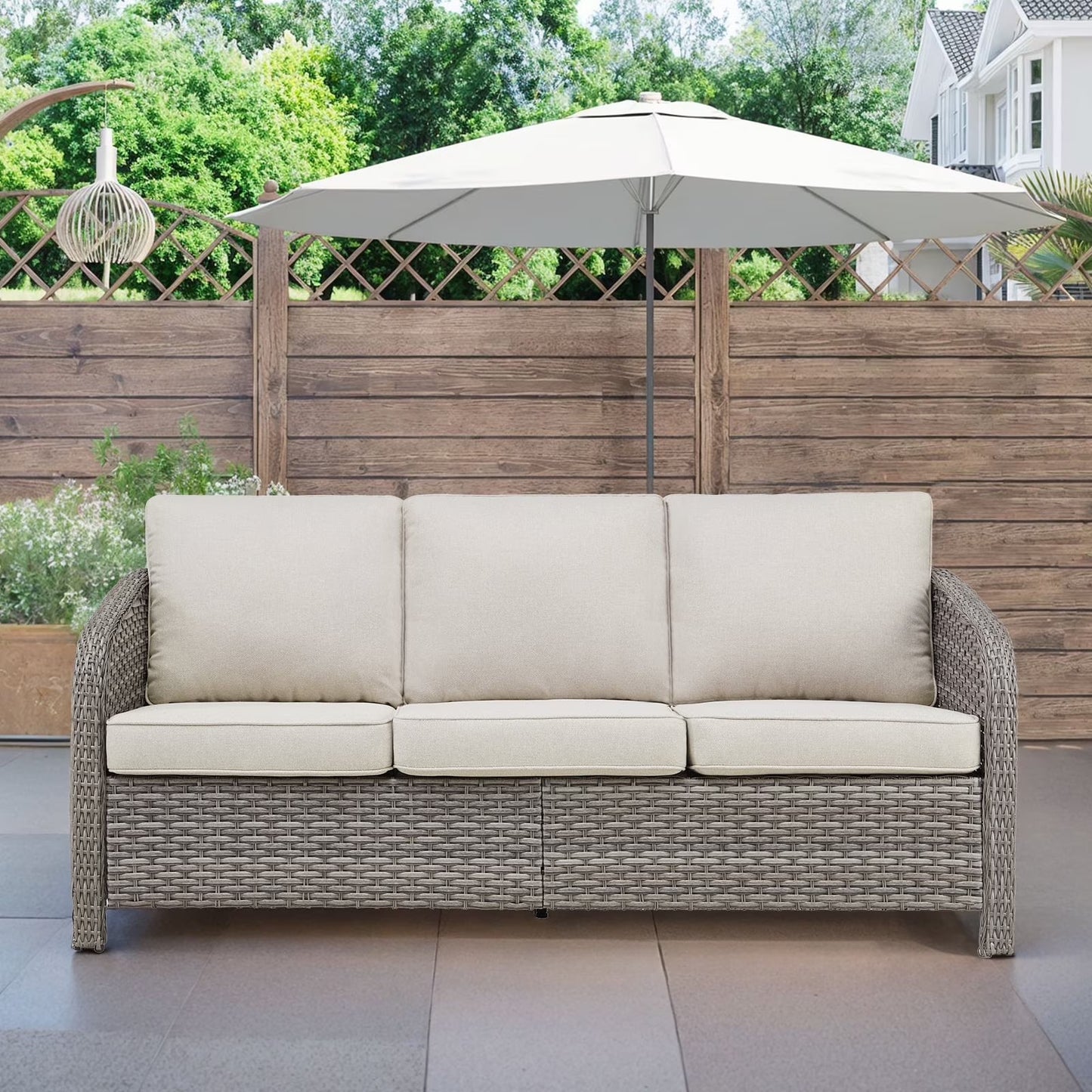 3-Seat Patio Wicker Sofa Outdoor Rattan Couch Furniture Steel Frame with Beige cushion& Waterproof Cover, Gray