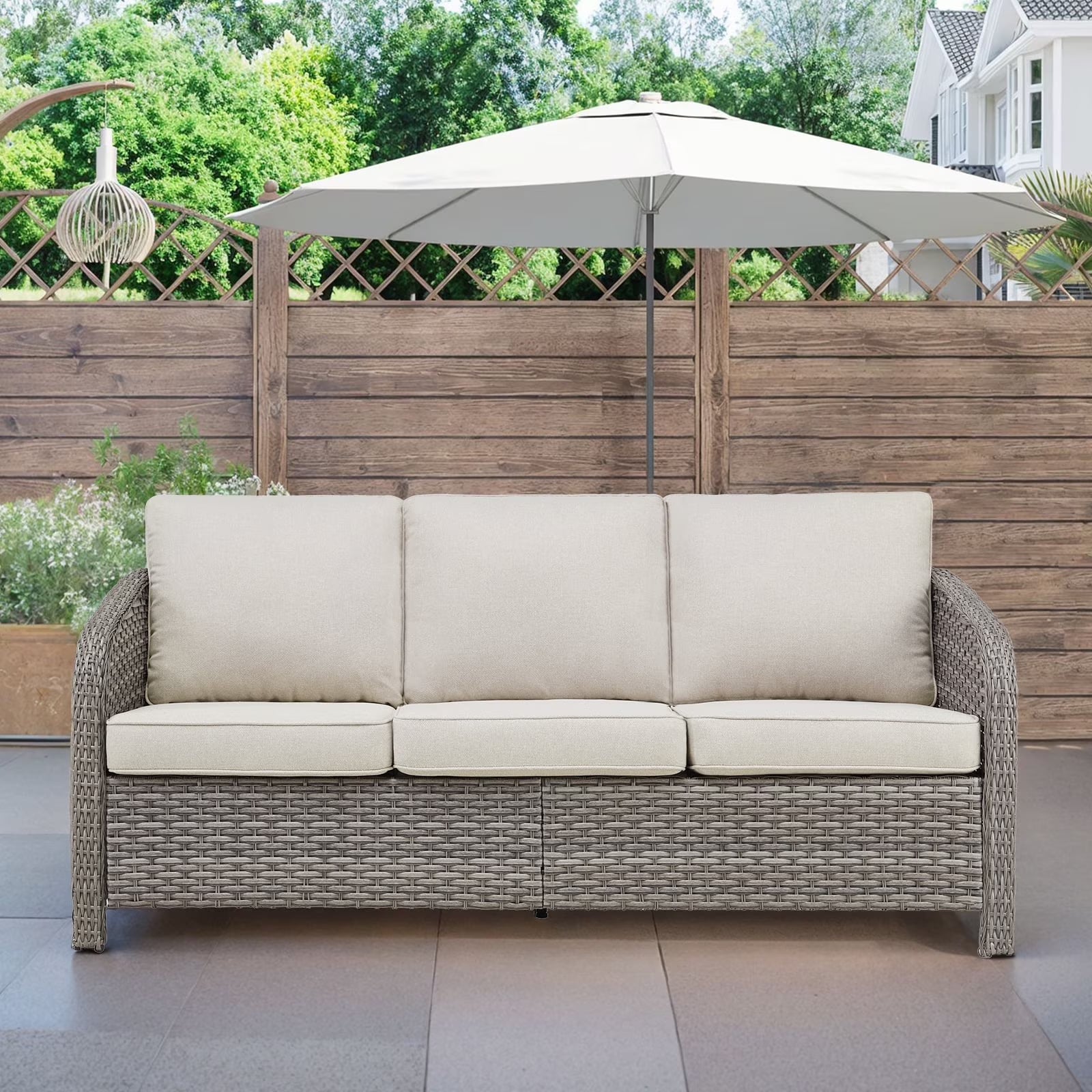 3-Seat Patio Wicker Sofa Outdoor Rattan Couch Furniture Steel Frame with Beige cushion& Waterproof Cover, Gray