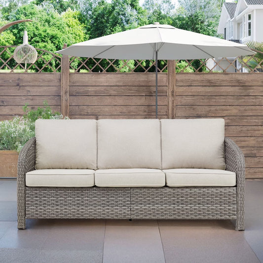 3-Seat Patio Wicker Sofa Outdoor Rattan Couch Furniture Steel Frame with Beige cushion& Waterproof Cover, Gray