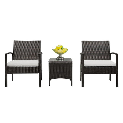 Zimtown 3 Pieces Patio Wicker Furniture, Outdoor Rattan Chat Set with Glass Table and Wicker Chairs, Brown Gradient