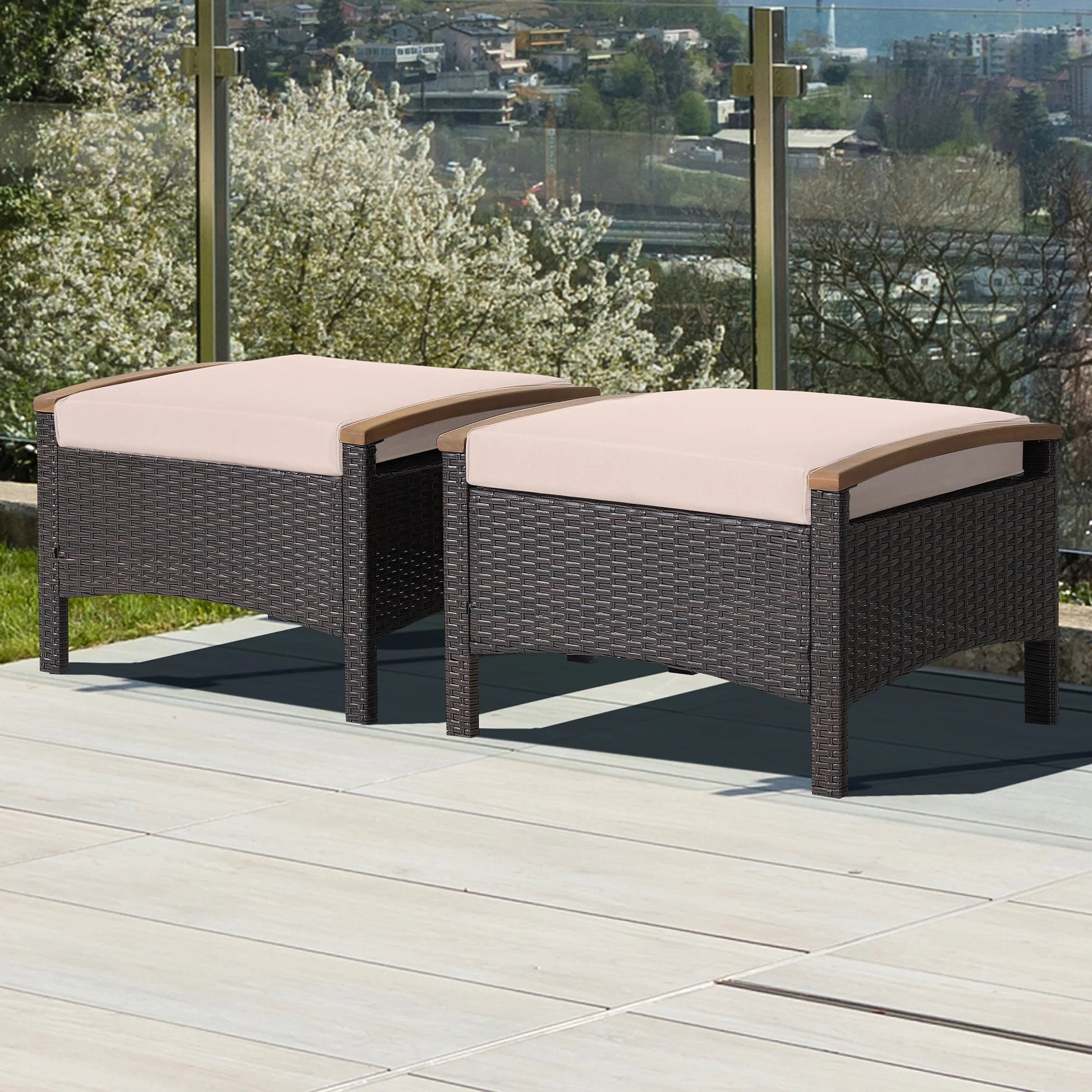 Costway Set of 2 Patio Rattan Ottoman Footrest Cushions Wooden Handle Beige