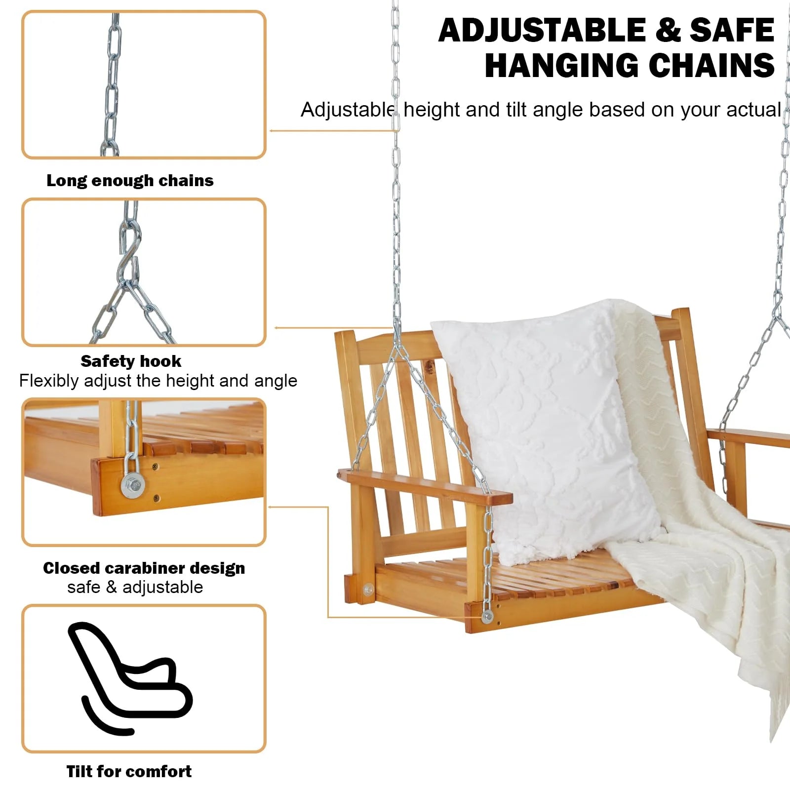 Garvee Outdoor Wooden Porch Swing 4FT, Patio Porch Bench Swing, Heavy Duty 440LBS Hanging Swing Chair Beach Outdoor Swings with Hanging Chain, Spring for Garden Deck Patio Outdoor Yard
