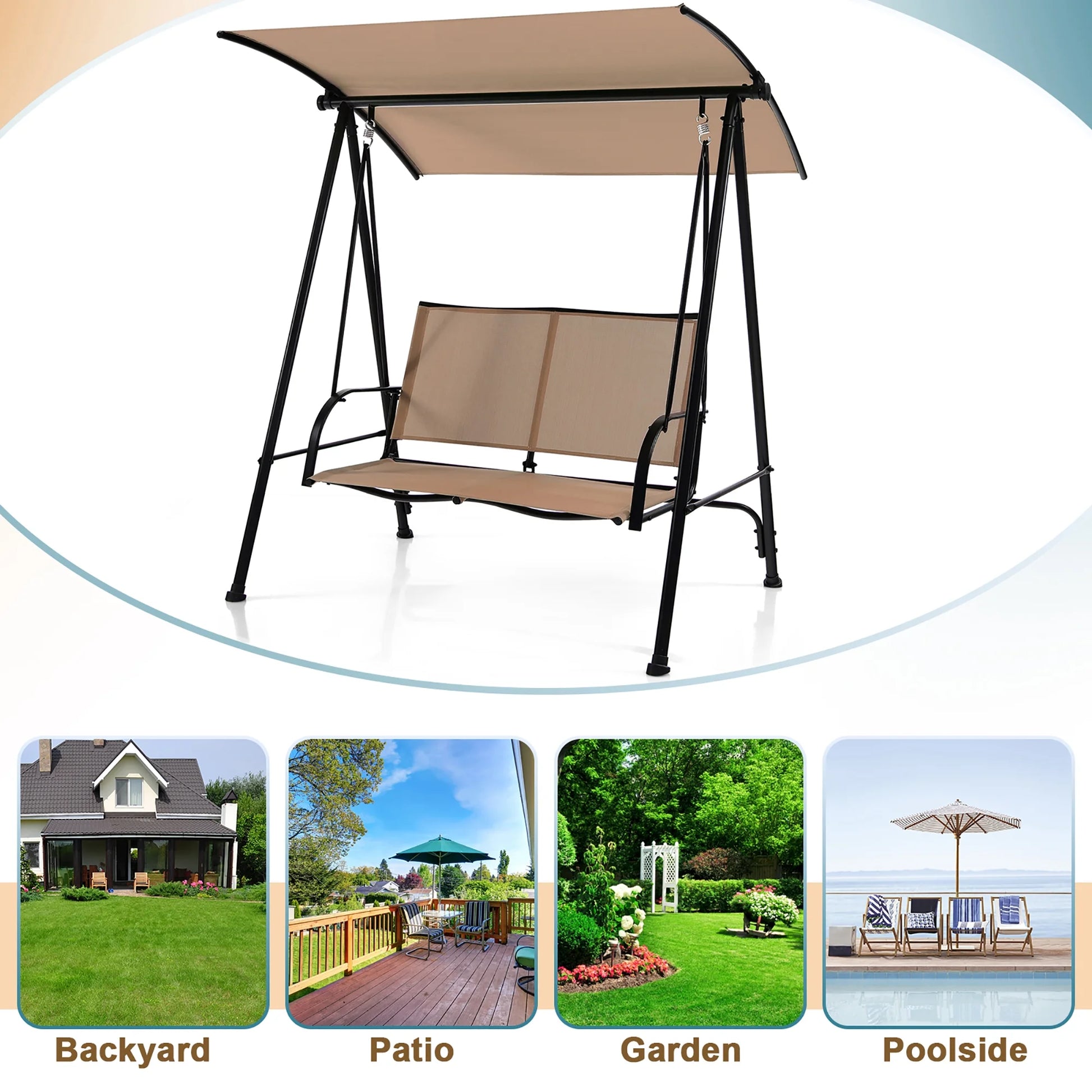 Costway 2-Seat Patio Swing Porch Swing with Adjustable Canopy for Garden Dark Beige