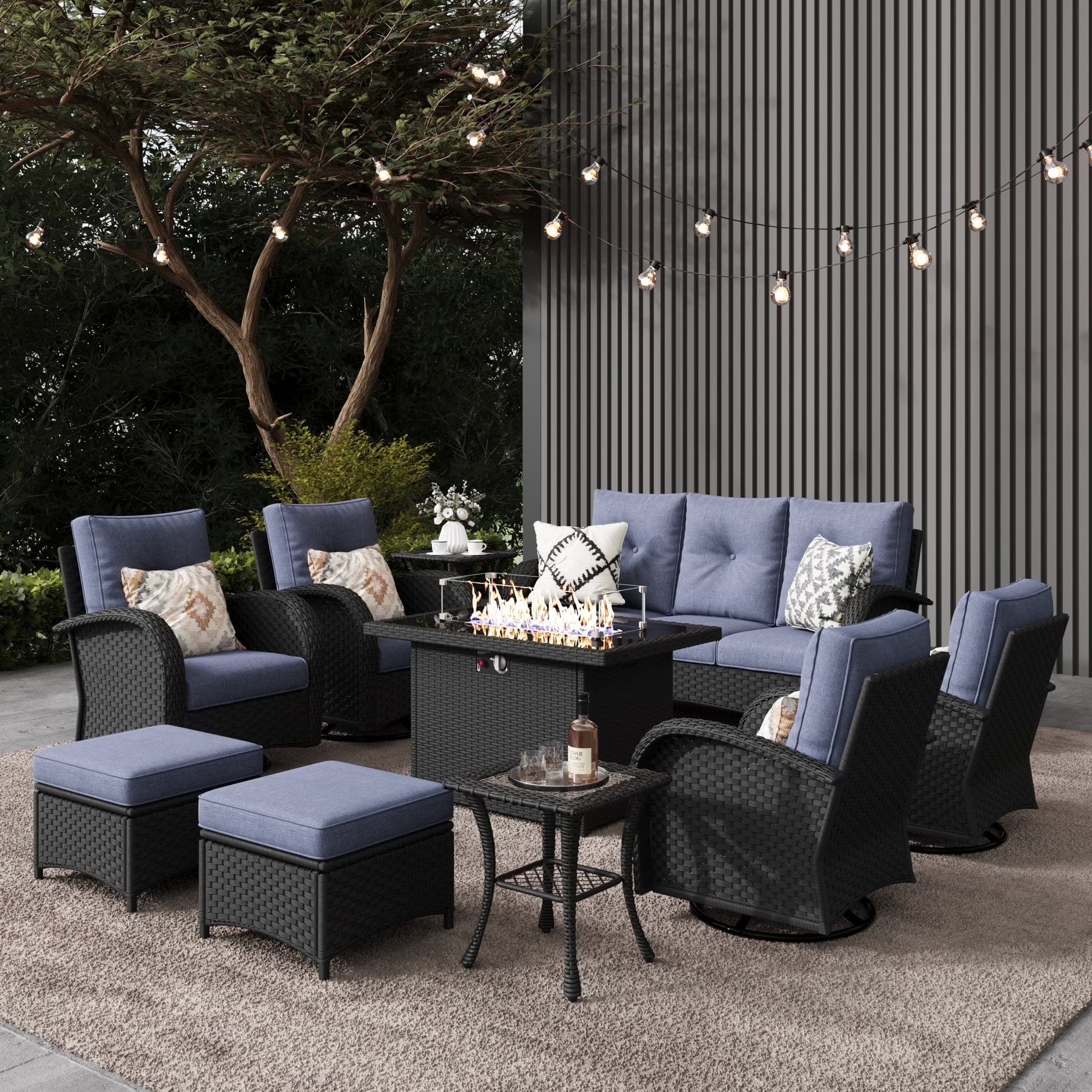 LayinSun 7 Pieces Outdoor Patio Furniture Set with Fire Pit Table, Rattan Wicker Sectional Swivel Rocker Chairs Sets