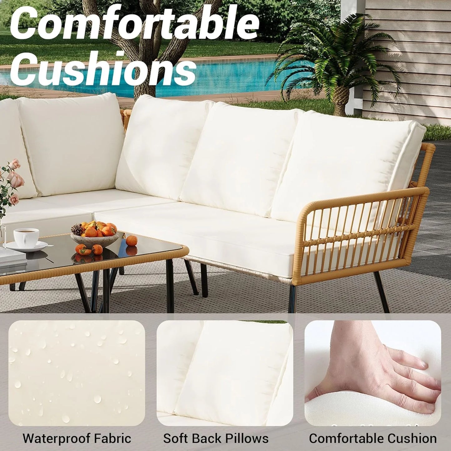 4 Pieces Patio Furniture Set, All-Weather Rattan Outdoor Conversation Sectional L-Shaped Sofa with Thickness Cushions and Side Table, Boho Seat Patio Sofa for Balcony, Backyard, Deck, Poolside