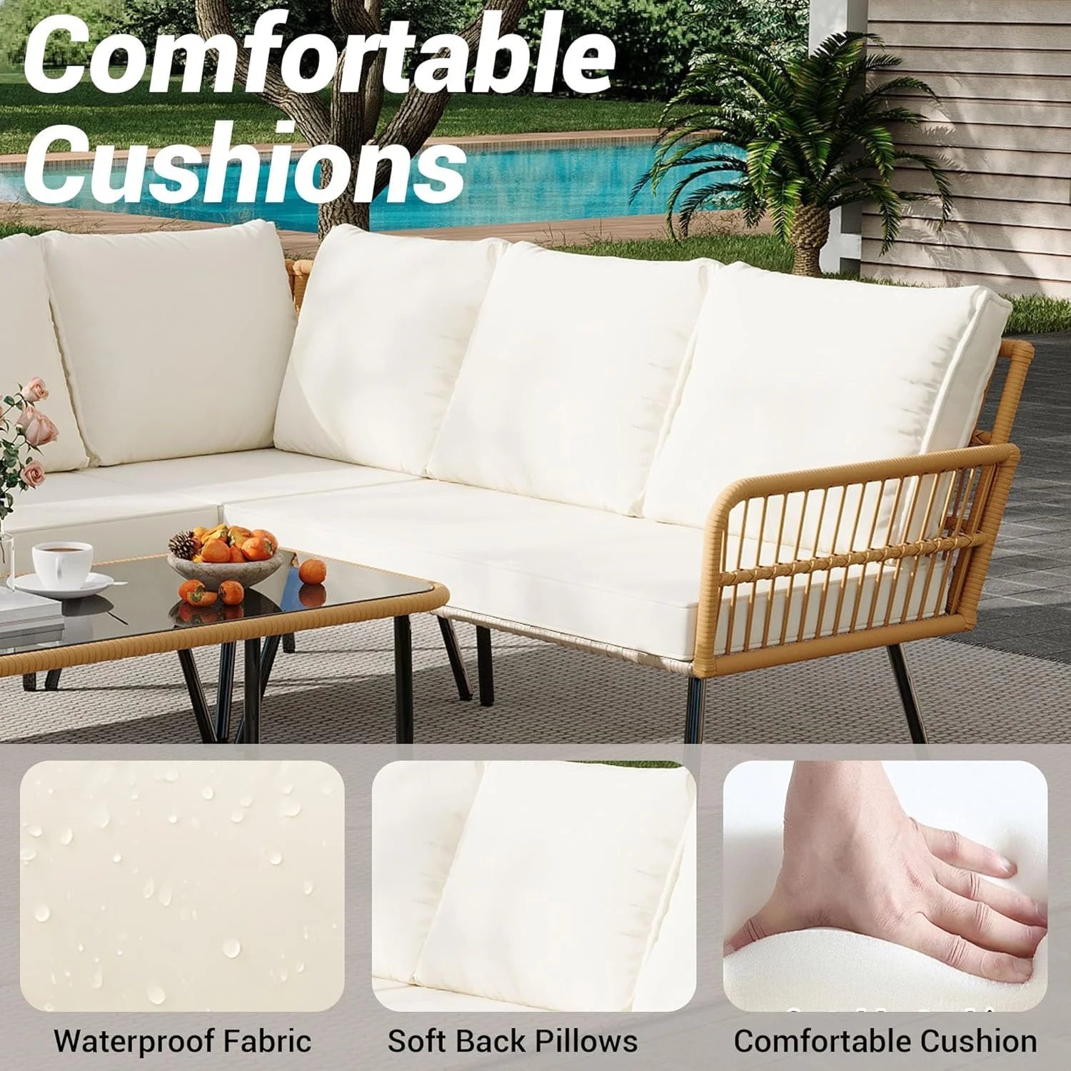 4 Pieces Patio Furniture Set, All-Weather Rattan Outdoor Conversation Sectional L-Shaped Sofa with Thickness Cushions and Side Table, Boho Seat Patio Sofa for Balcony, Backyard, Deck, Poolside