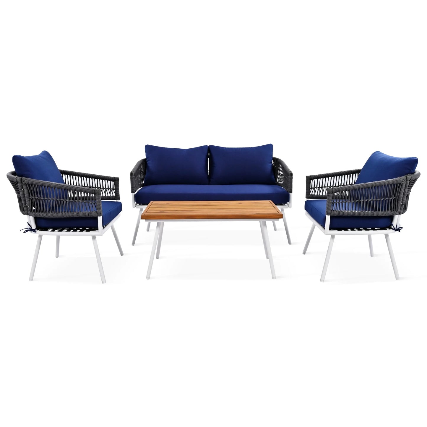 Outdoor Furniture With Thick Cushions & Wood Frame - Beige Rope Patio Fade- Exotic