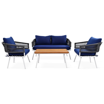 Outdoor Furniture With Thick Cushions & Wood Frame - Beige Rope Patio Fade- Exotic
