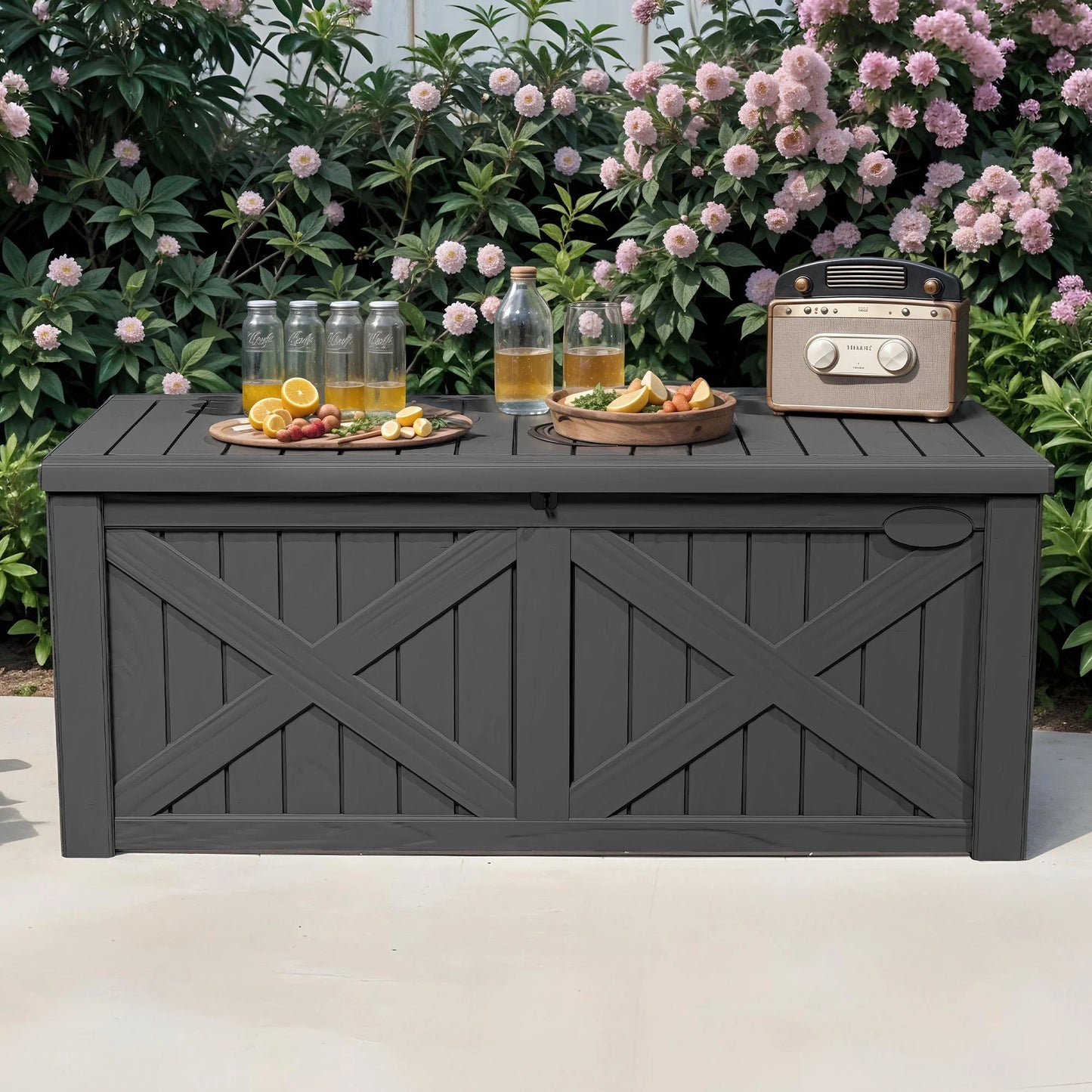 Uforic Outdoor 120 Gallon Large Resin Deck Box, Outdoor Storage Boxes with X-Shaped Front, for Patio Garden, Waterproof & Lockable, Light Brown