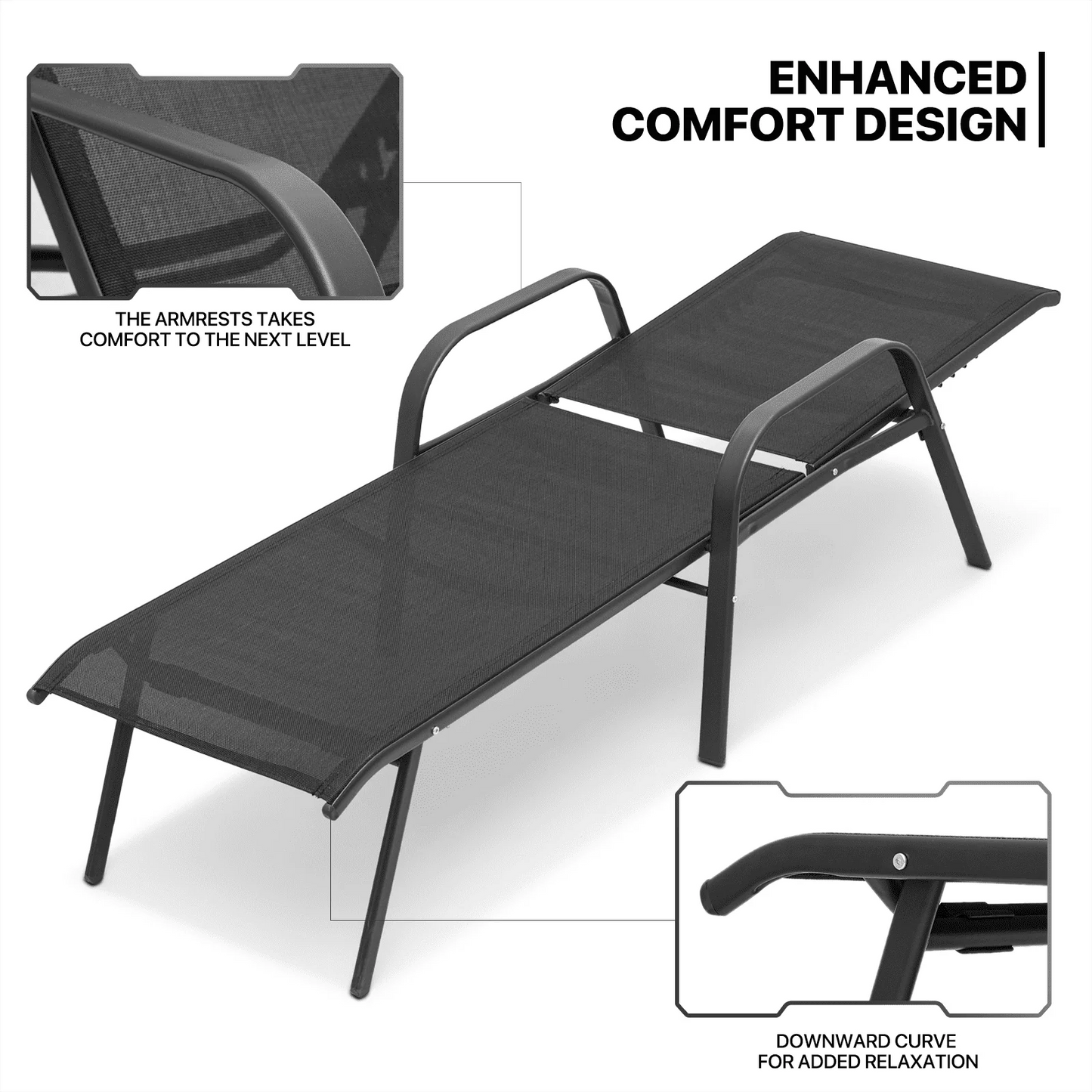 MoNiBloom 2Pcs Outdoor Patio Lounge Chairs with Adjustable Backrest, Pool Recliner Lounge Chaise with Armrest for Beach Backyard Garden, Black