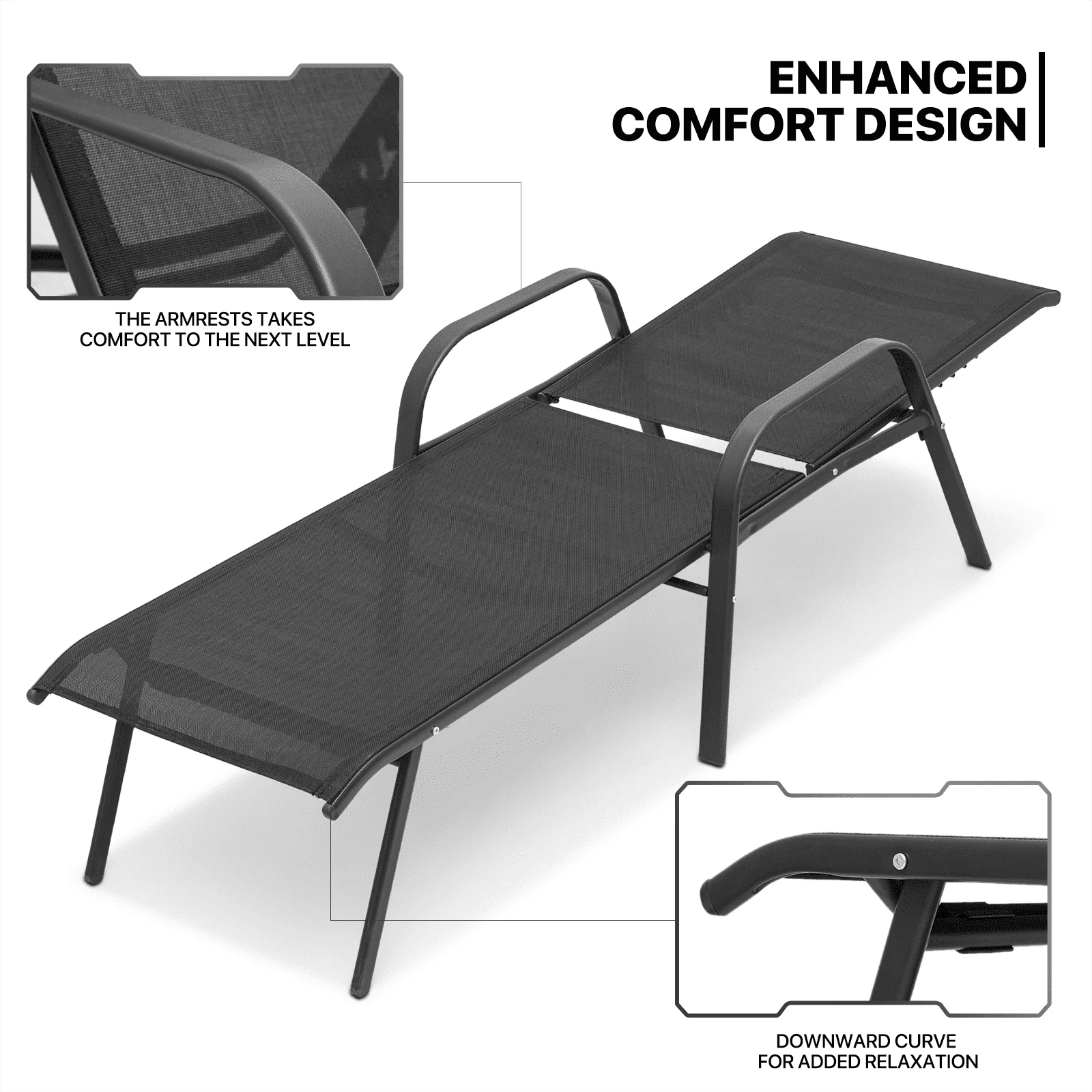 MoNiBloom 2Pcs Outdoor Patio Lounge Chairs with Adjustable Backrest, Pool Recliner Lounge Chaise with Armrest for Beach Backyard Garden, Black