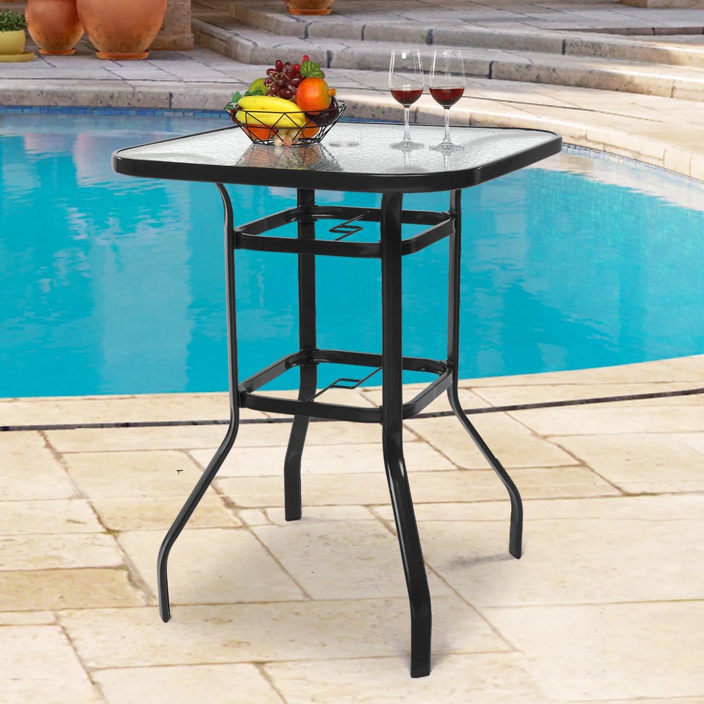 Ktaxon 31 Inch Patio Bar Table, Square Outdoor Bar Height Bistro Table with Tempered Glass Tabletop & Umbrella Hole, Outdoor Cocktail Table for Patio Yard Poolside, Brown