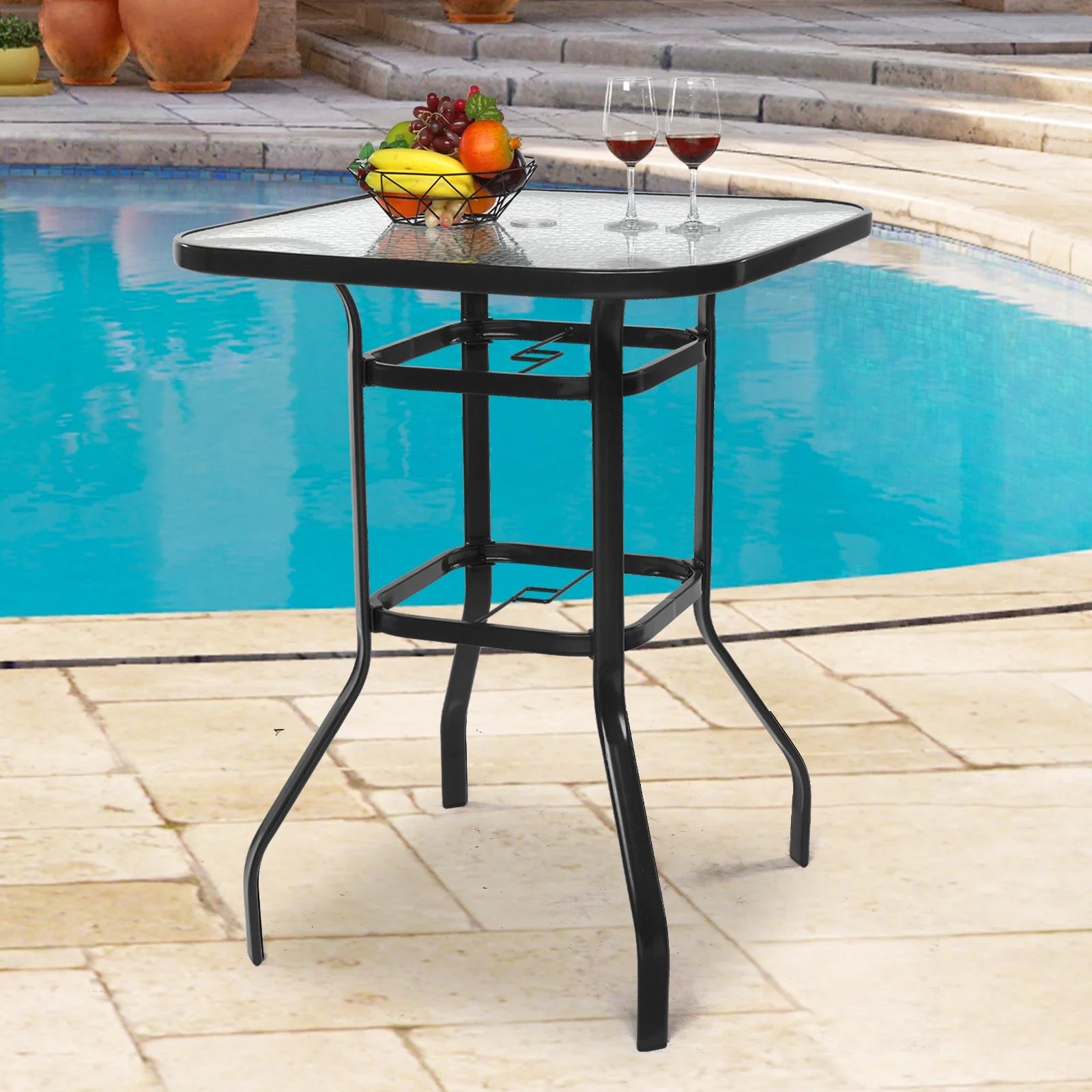 Ktaxon 31 Inch Patio Bar Table, Square Outdoor Bar Height Bistro Table with Tempered Glass Tabletop & Umbrella Hole, Outdoor Cocktail Table for Patio Yard Poolside, Brown