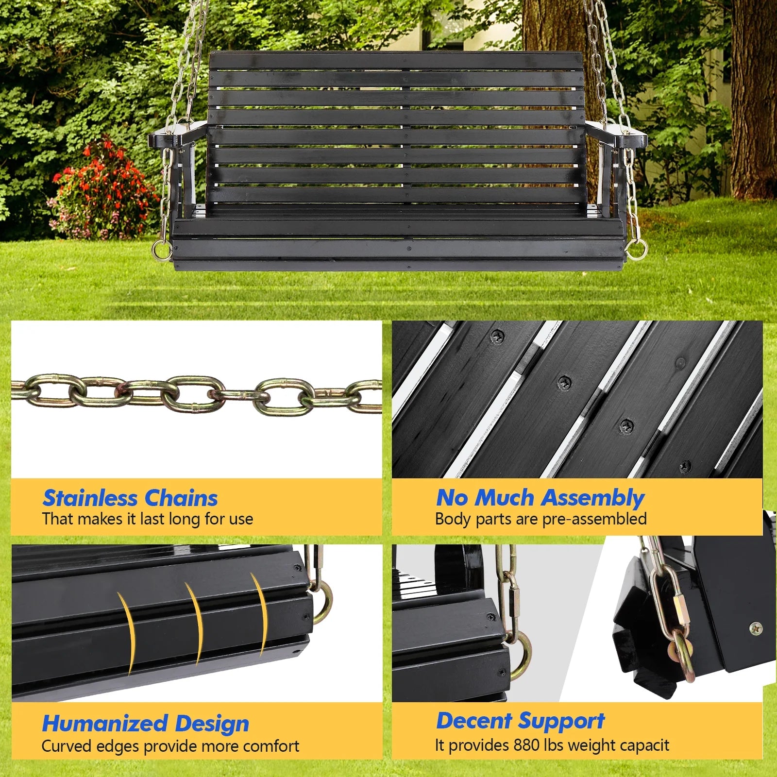 Zimtown Patio Wooden Porch Swing Swing Chair Bench Heavy Duty 880lbs with Hanging Chains for Outdoors,4 FT, Black