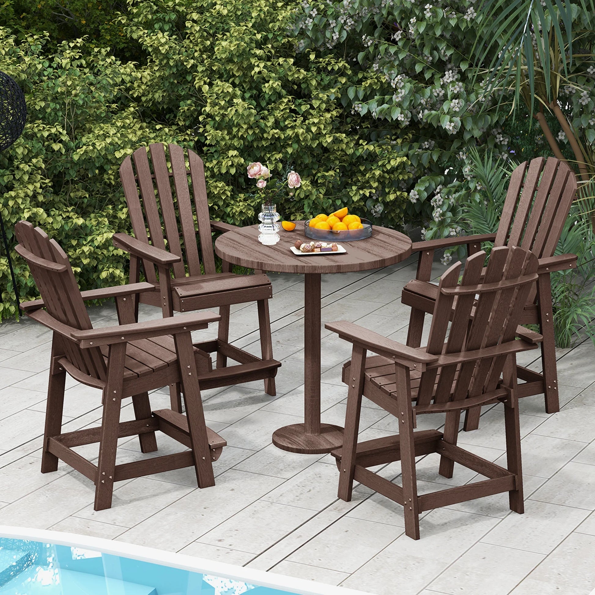 Costway 2 PCS Tall Bar Stool HDPE Patio Chair with Armrest Footrest Home Indoor Outdoor Brown
