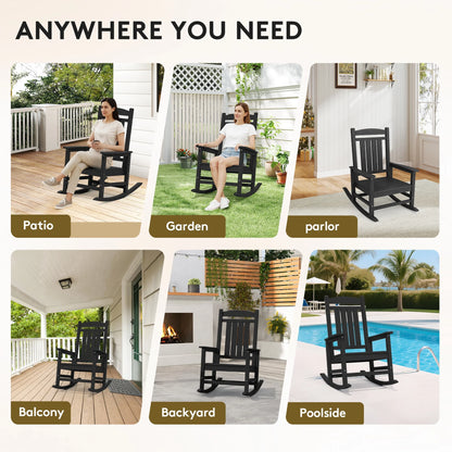 KINGYES HDPE Outdoor Rocking Chairs Set of 2,HDPE Patio Rocker for Porch,Black