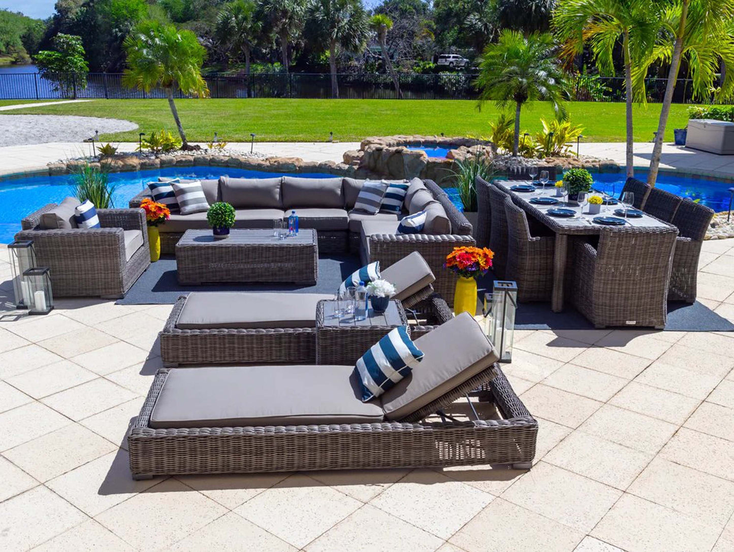 Malmo 18-Piece Resin Wicker Outdoor Patio Furniture Combination Set in Gray w/Sectional Set, Eight-seat Dining Set, and Chaise Lounge Set (Full-Round Gray Wicker, Polyester Light Gray)