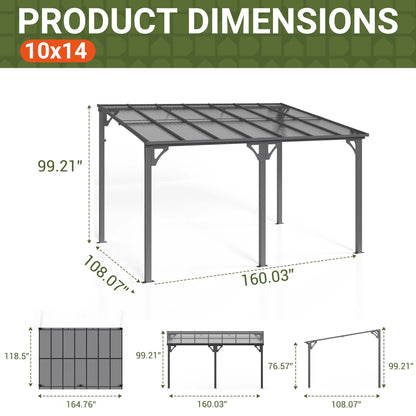 NETAJE 10'x14' Outdoor Splicable Gazebo, Hardtop Wall Mounted Gazebo & Pergola with Aluminum Frame and Sloping Roof, for Backyard, Deck, Patio-Gray