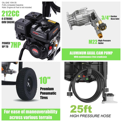 4200PSI Pressure Washer 4.0GPM Gas Power Washer 212CC Gas Powered Washing Machine Commercial High Pressure Washer with 25ft Hose&5 Nozzles for Patio Garden Yard Vehicle,EPA/CARB/ETL
