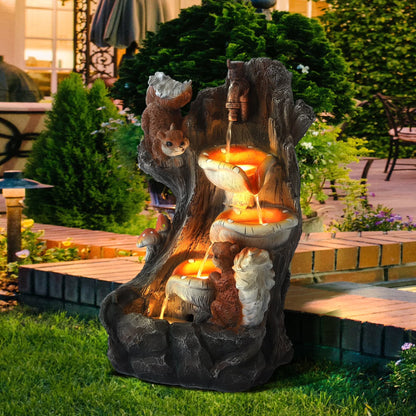 Magic Union Outdoor Water Fountain, Garden Decor Outside Indoor Waterfall Cascading Rock Fountain with Retro Decorative Faucet, Patio Resin Fountains for Yard, Deck, Porch and Home, Imitation Stump