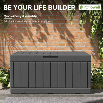 Patiowell 82 Gallon Deck Box Outdoor Storage Resin Wood Look Storage Box with Lockable lid for Patio Furniture, Black