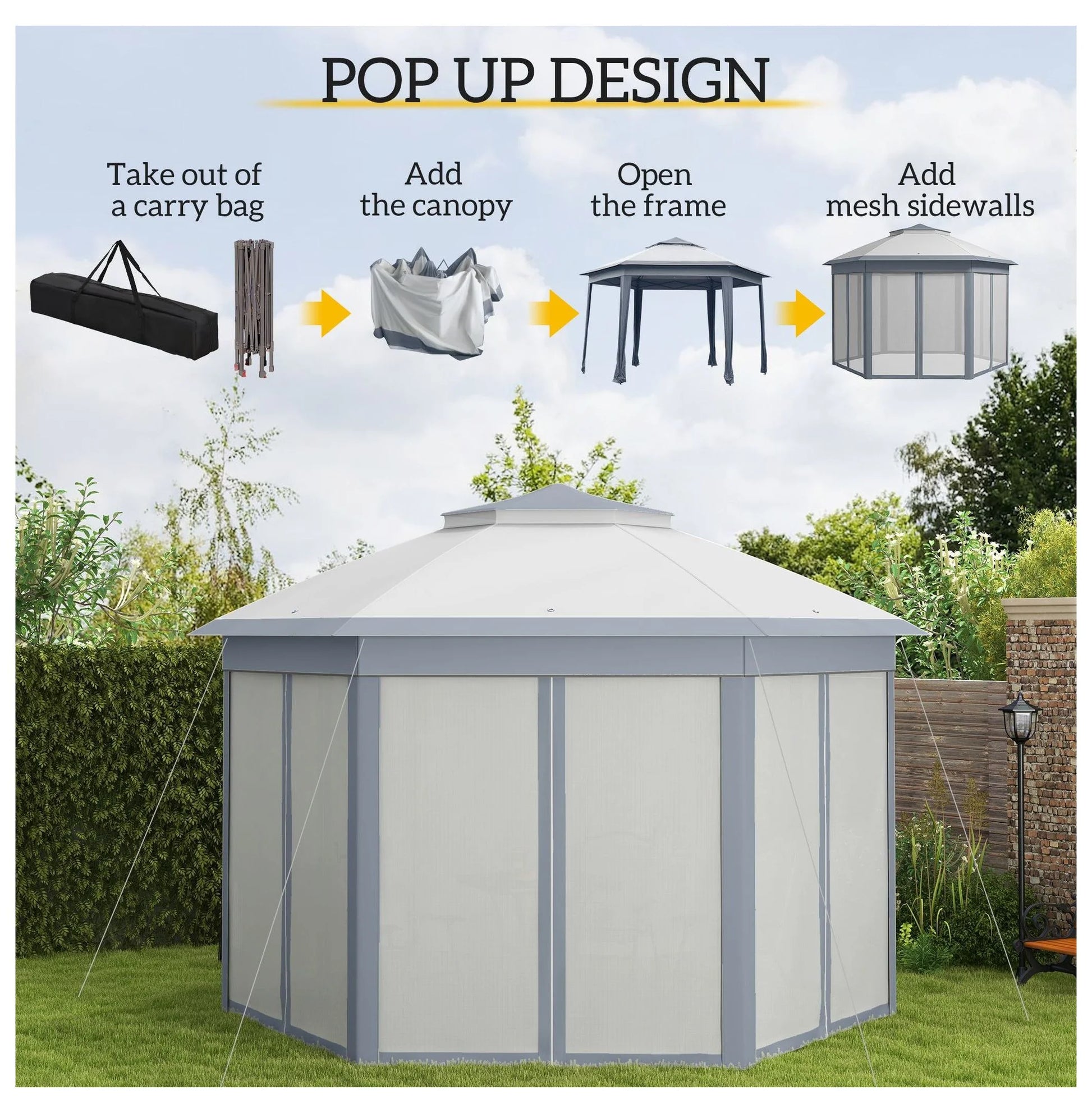 SAZYY 13'x13' Pop Up Gazebo Hexagonal Canopy Shelter with 6 Zippered Mesh Netting for Patio Backyard Garden Wedding Party