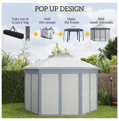 SAZYY 13'x13' Pop Up Gazebo Hexagonal Canopy Shelter with 6 Zippered Mesh Netting for Patio Backyard Garden Wedding Party