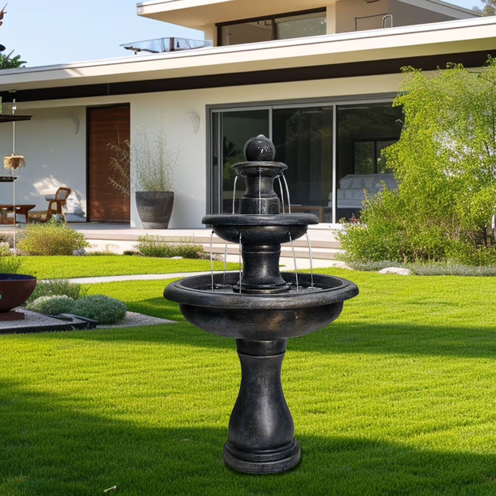 3-Tiers Modern Concrete Outdoor/Indoors Floor Fountain - Round Large Outdoor Freestanding Waterfalls Fountains for Garden, Patio, Yard, and Deck Decor
