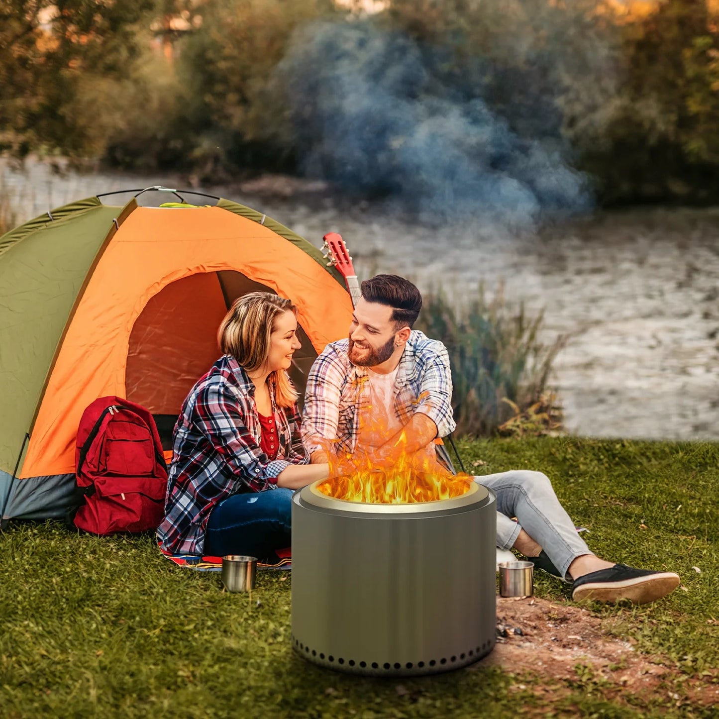Vineego 19 inch Smokeless Fire Pit Outdoor Wood Burning Portable Fire Pit Stainless Steel with Standing Cover Backyard Patio Garden Picnic Camping Campfire
