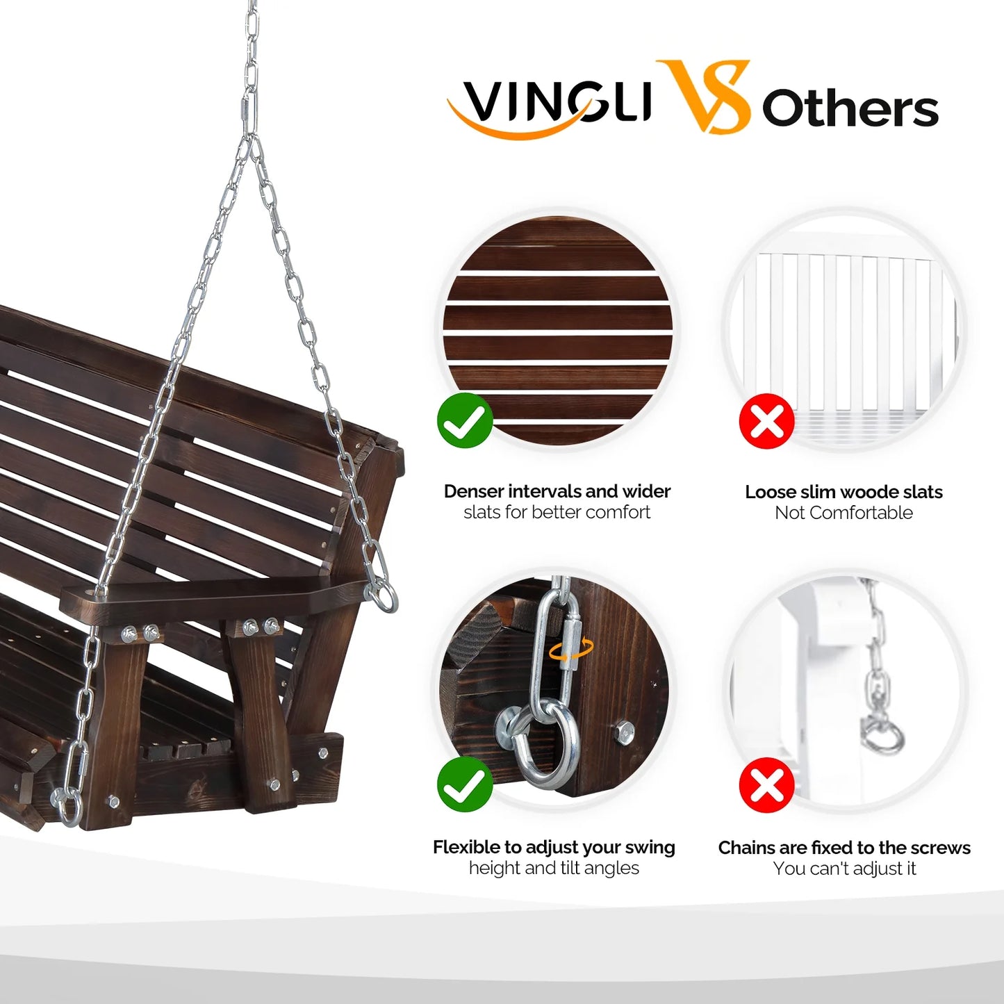 Zimtown Patio Wooden Porch Swing Swing Chair Bench Heavy Duty 880lbs with Hanging Chains for Outdoors,4 FT, Rustic