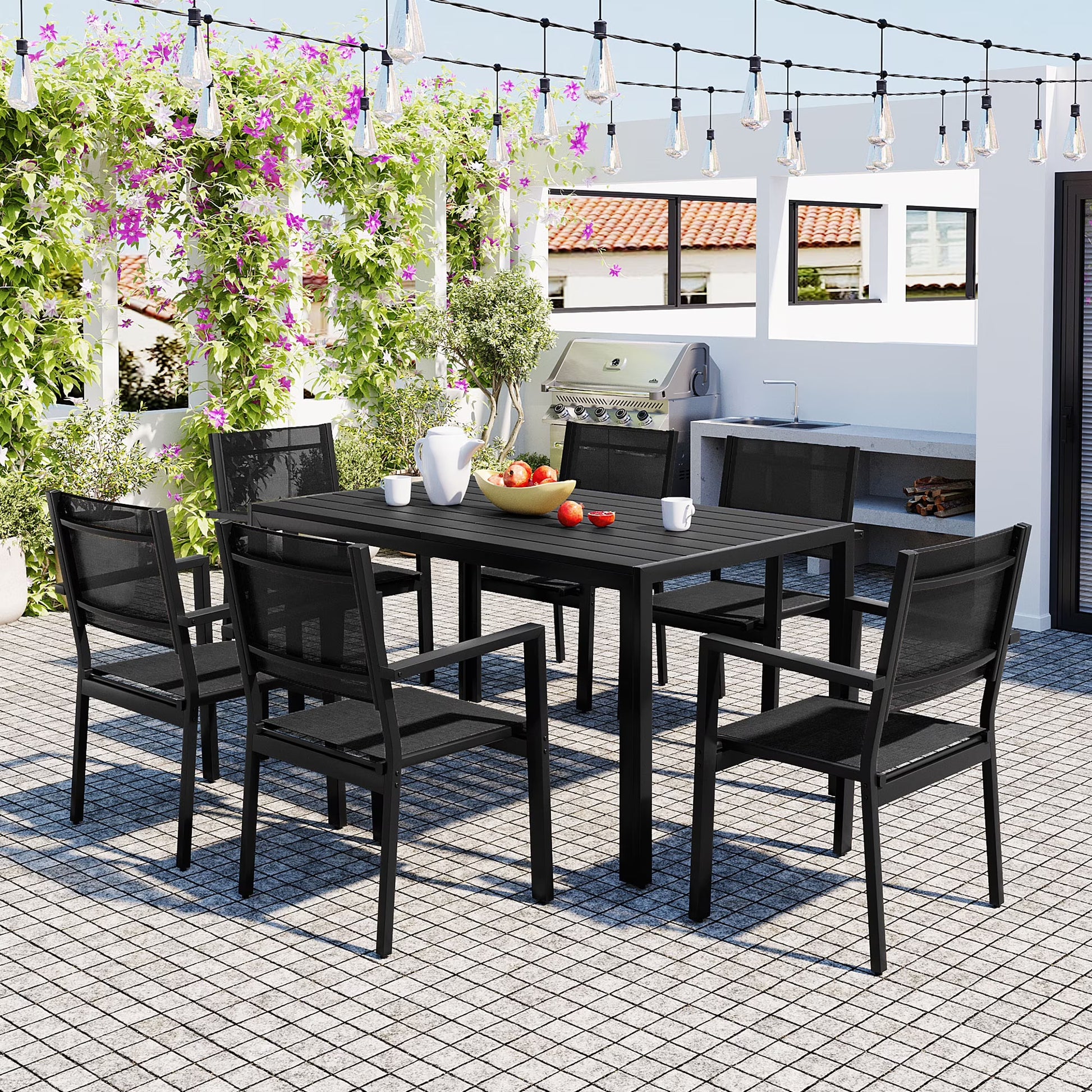 Patio Dining Set, 7PCS Outdoor Plastic-Wood Table & Textilene Chairs Set, Outdoor Furniture Dining Table Set, Garden Porch Backyard Poolside Sectional Conversation Set