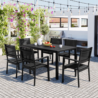 Patio Dining Set, 7PCS Outdoor Plastic-Wood Table & Textilene Chairs Set, Outdoor Furniture Dining Table Set, Garden Porch Backyard Poolside Sectional Conversation Set