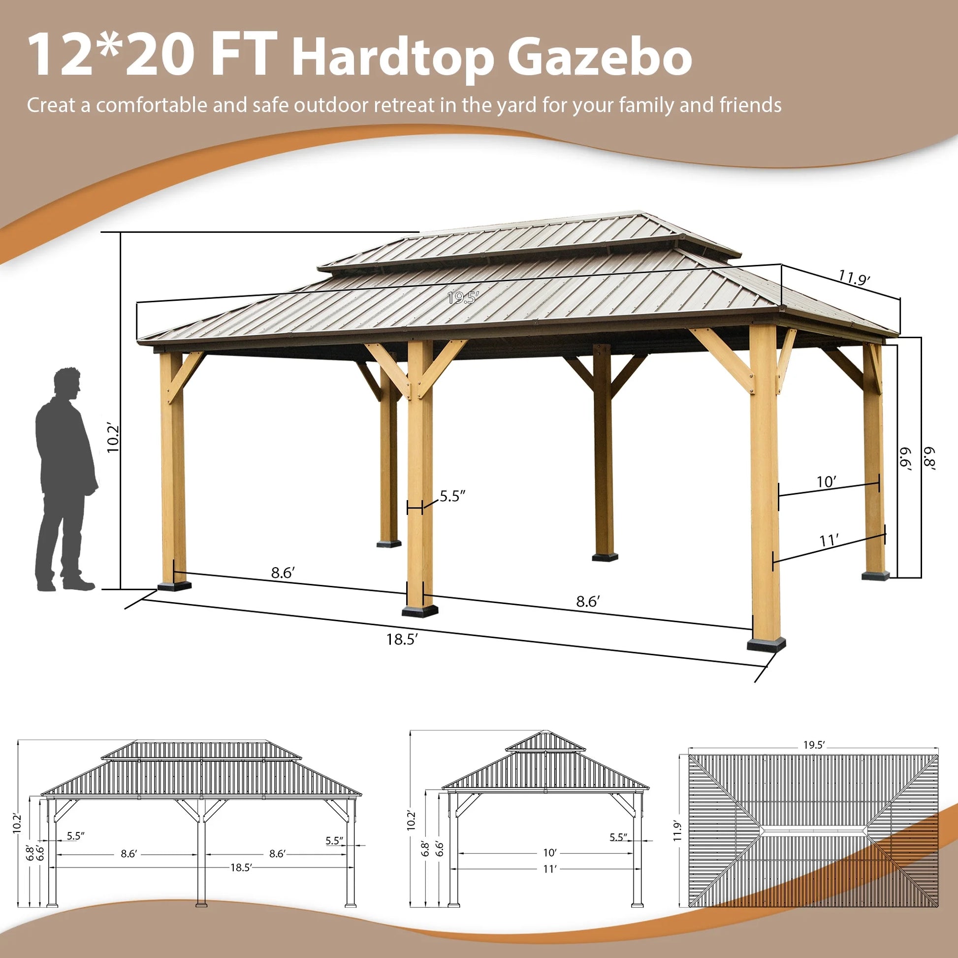 Domi 12x20 ft Wood Gazebo, Cedar Wood Frame Hardtop Gazebo with Galvanized Steel Double Roof, Outdoor Gazebo with Netting and Curtains, Patio Gazebo Pergola Pavilion for Patio, Backyard, Deck, Lawns