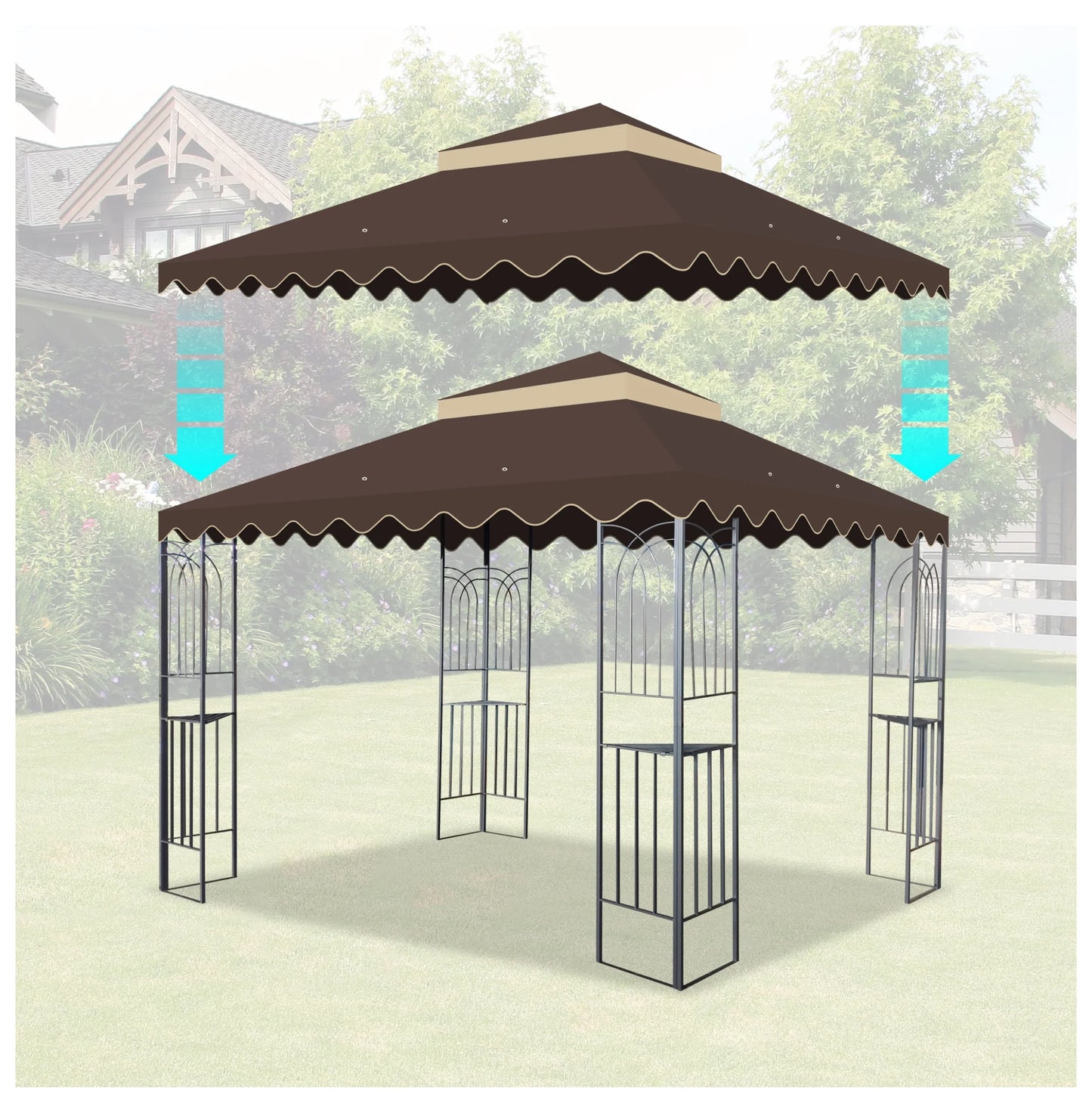 10x10 Ft Outdoor Patio Gazebo Replacement Canopy,Double Tiered Gazebo Tent Roof Top Cover Only wavy border(Frame Not Include)-BROWN