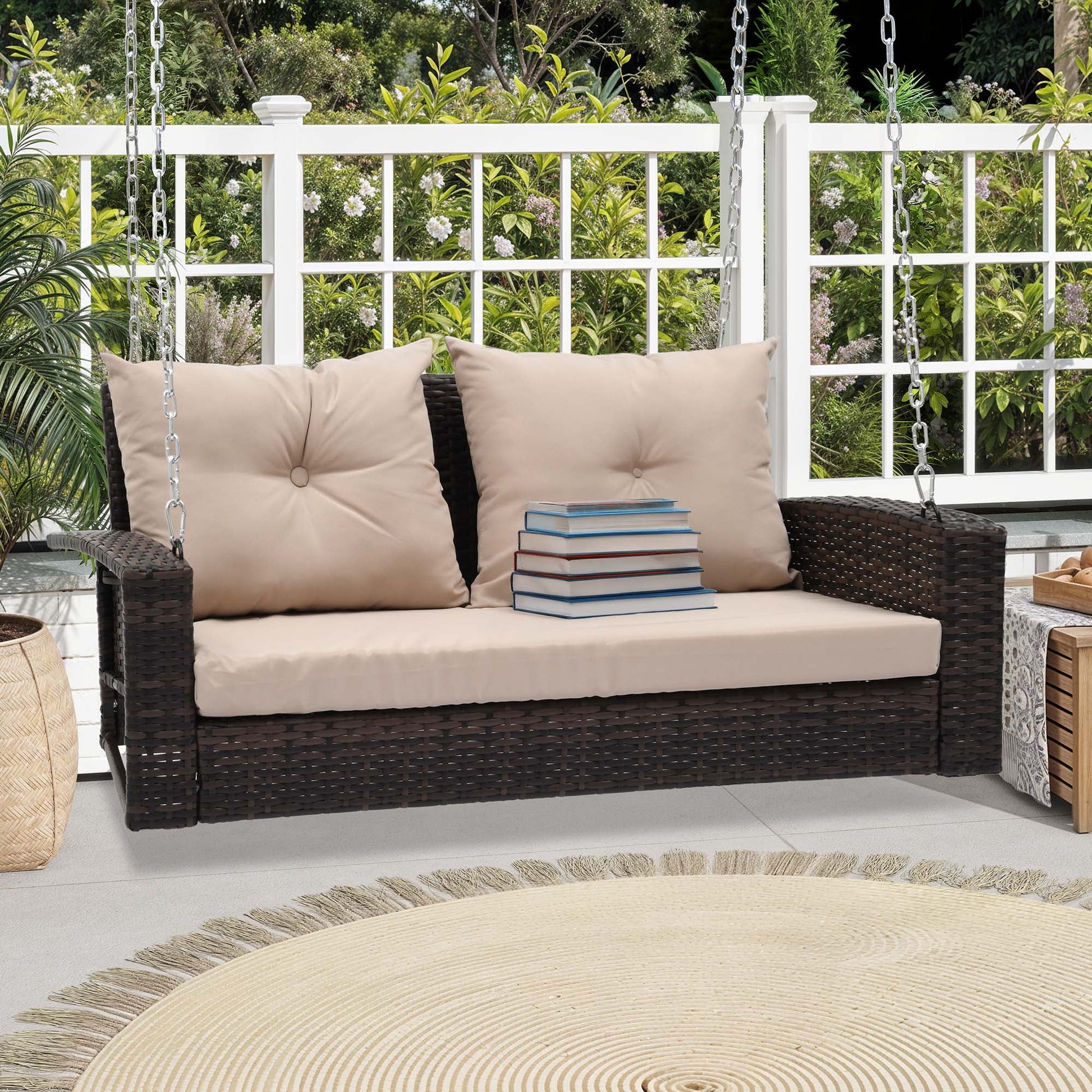 Dextrus 2-Seats Wicker Hanging Porch Swing Chair Outdoor Black Rattan Patio Swing Lounge w/2 Back Cushions Capacity 770lbs for Garden, Balcony, Living Room, Beige