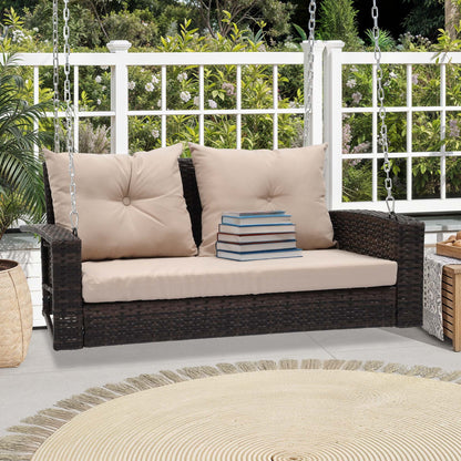 Dextrus 2-Seats Wicker Hanging Porch Swing Chair Outdoor Black Rattan Patio Swing Lounge w/2 Back Cushions Capacity 770lbs for Garden, Balcony, Living Room, Beige