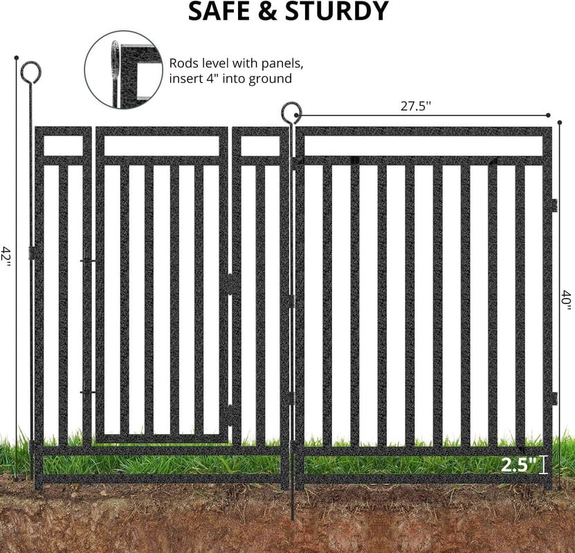Petorldog Decorative Garden Fence Metal Dog Fence Outdoor for Yard, 36ft (L) x 40in (H), 14 Panels + 2 Gates, No Dig Fence for Patio | Black-Silver
