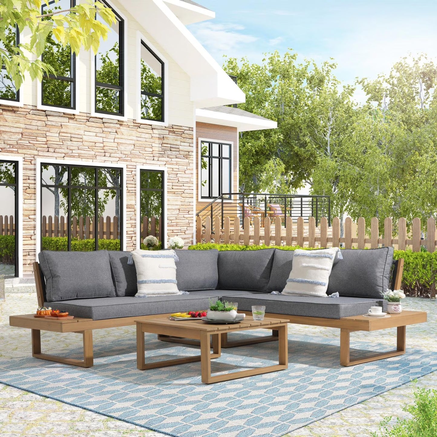 OC Orange-Casual Outdoor 4-Piece Acacia Wood Furniture Set, All-Weather Patio Sectional Sofa Set, Rope Lounge Couch with Wood Table, Cream White Cushion