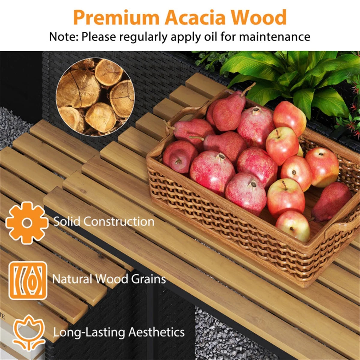 SUREGO Patio Furniture Set with Raised Garden Bed, PE Rattan Garden Planter Table with Built-in Chairs and Storage Space, Acacia Wood Outdoor Conversation Set with Sturdy Metal Frame