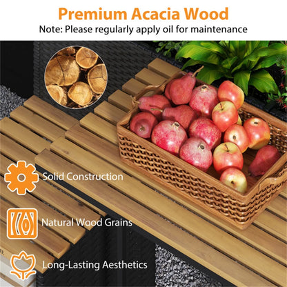 SUREGO Patio Furniture Set with Raised Garden Bed, PE Rattan Garden Planter Table with Built-in Chairs and Storage Space, Acacia Wood Outdoor Conversation Set with Sturdy Metal Frame