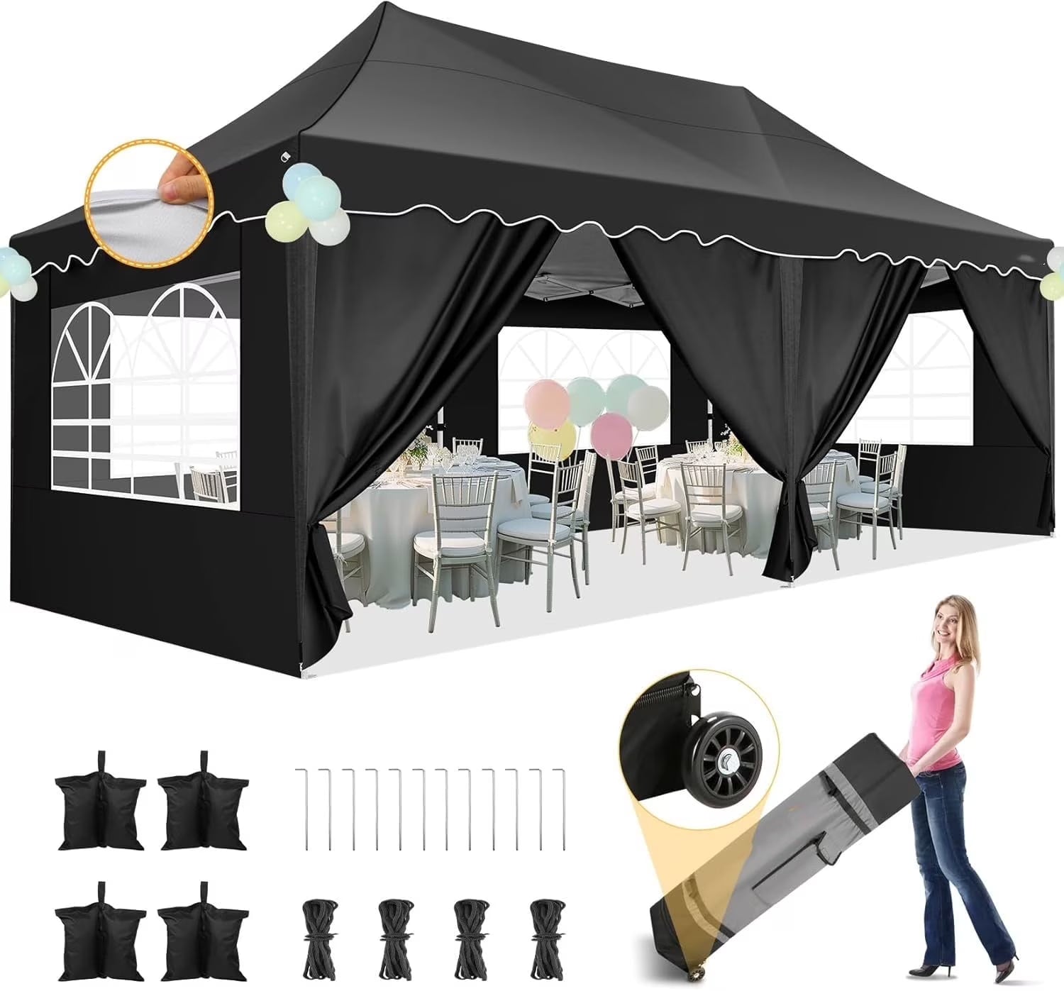 SANOPY 10' x 20' Pop up Canopy Party Tent with 6 Removable Sidewalls, Wave Eave Outdoor Waterproof Patio Gazebo Tent with Carry Bag, Backyards Camping Picnics, Black