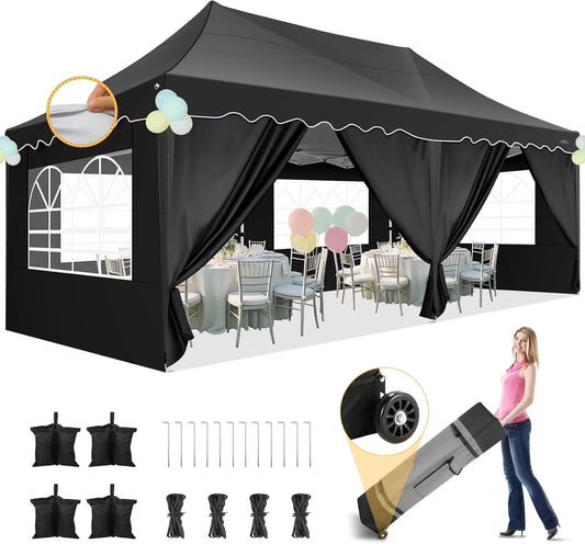 SANOPY 10' x 20' Pop up Canopy Party Tent with 6 Removable Sidewalls, Wave Eave Outdoor Waterproof Patio Gazebo Tent with Carry Bag, Backyards Camping Picnics, Black